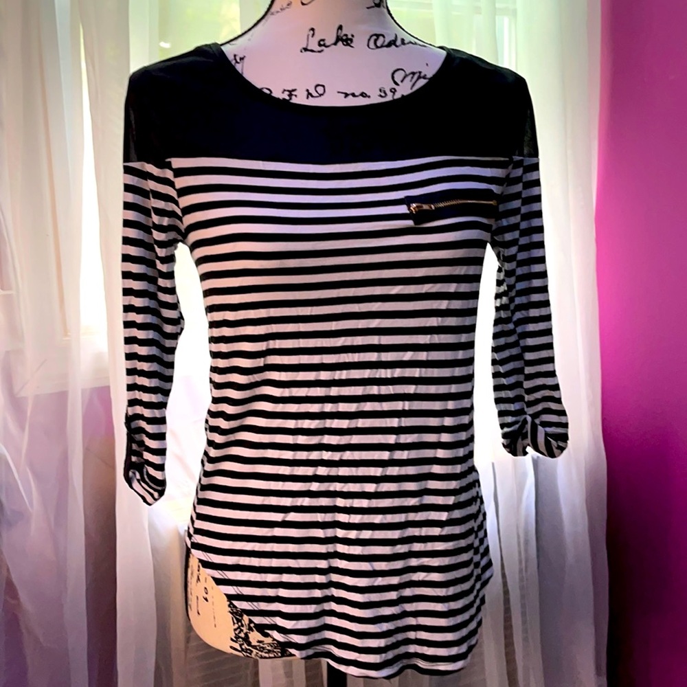 Black and White Striped Blouse with 3/4 Sleeves